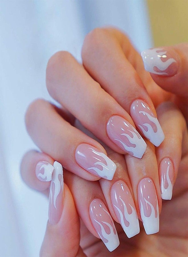 MISUD Press on Nails - Medium Coffin Fake Nails, Acrylic Pink White Flame Design 24 pcs - Image 1