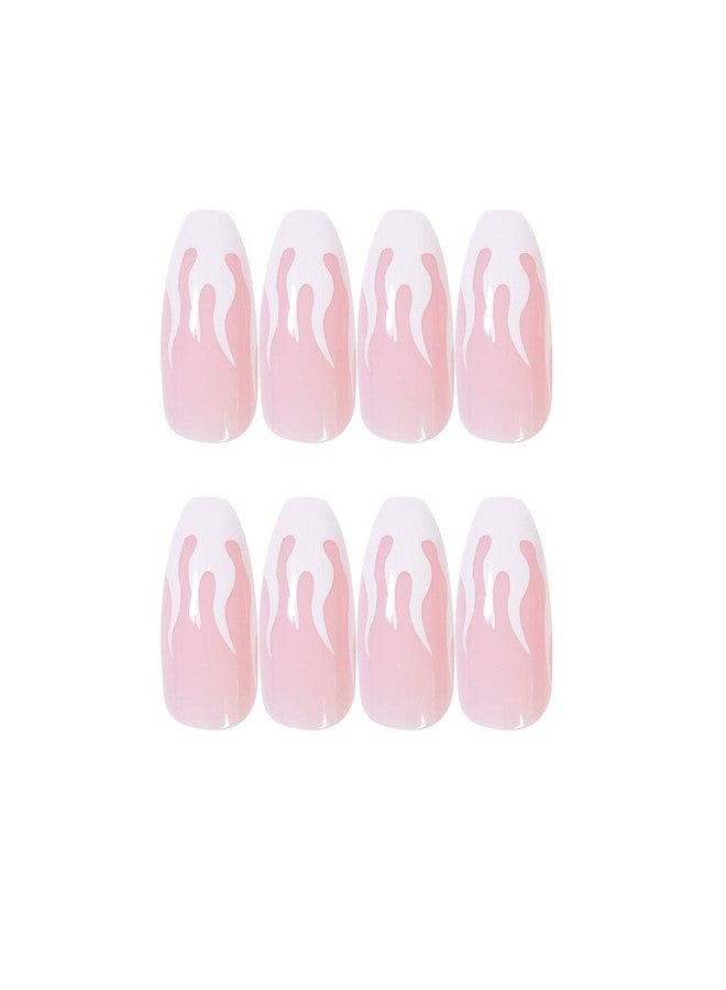 MISUD Press on Nails - Medium Coffin Fake Nails, Acrylic Pink White Flame Design 24 pcs - Image 2