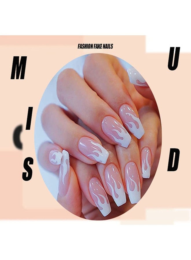 MISUD Press on Nails - Medium Coffin Fake Nails, Acrylic Pink White Flame Design 24 pcs - Image 3