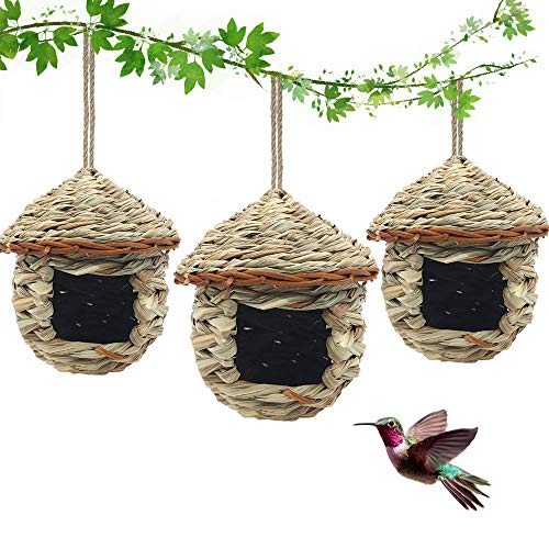 Eeaivnm 3 Pack Hummingbird House, Hand Woven Bird Nest for Outdoors Hanging, Small Grass Bird Houses for Outside, Natural Fiber Bird Hut Roosting Pocket for Finch Canary Chickadee - Image 1