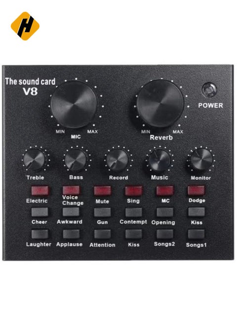 V8 Multifunctional Live Sound Card USB Audio Interface Intelligent Volume Adjustable Audio Mixer Sound Card for Recording Hosting Speech