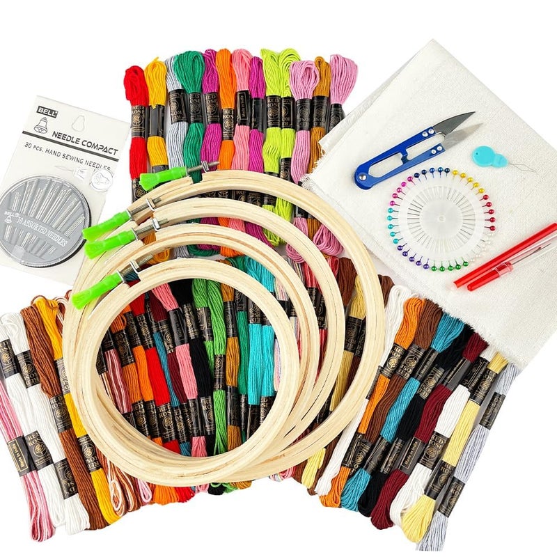 Qroof Embroidery Materials Kit New,50 Colour Threads,4 Pcs Bamboo Hoops,2 Pcs Aida Cloth Embroidery Beginner Supplies Tool Kit - Image 5