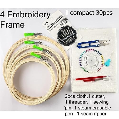 Qroof Embroidery Materials Kit New,50 Colour Threads,4 Pcs Bamboo Hoops,2 Pcs Aida Cloth Embroidery Beginner Supplies Tool Kit - Image 2