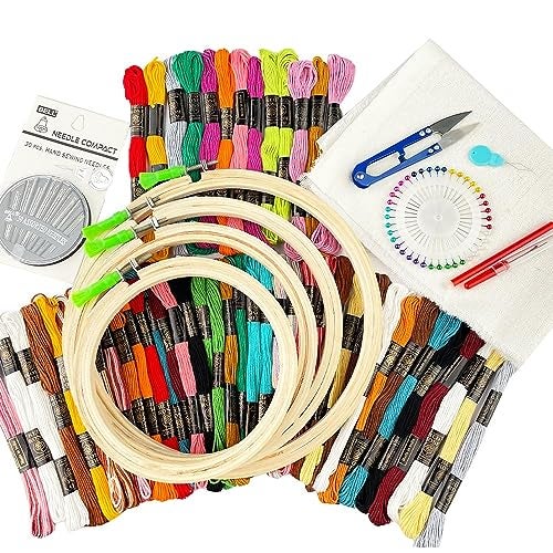 Qroof Embroidery Materials Kit New,50 Colour Threads,4 Pcs Bamboo Hoops,2 Pcs Aida Cloth Embroidery Beginner Supplies Tool Kit - Image 1