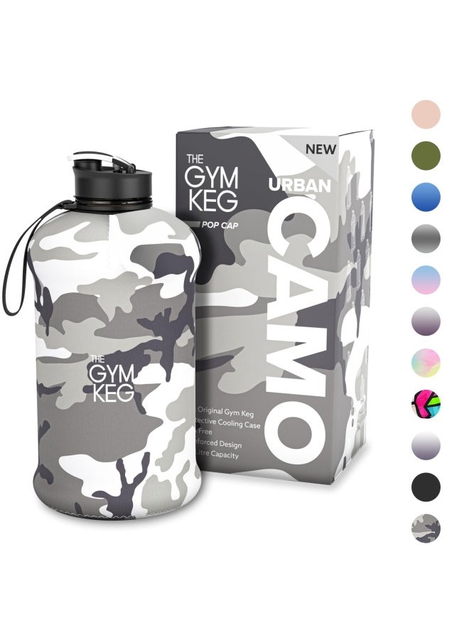 THE GYM KEG زجاجة مياه رياضية رسمية بسعة 2 لتر، معزولة 2.2 لتر، مقبض حمل، تمارين اللياقة البدنية، زجاجة مياه كبيرة بسعة 2 لتر، صديقة للبيئة، خالية من مادة BPA، بلاستيك سميك 40 درجة، مموهة حضرية  - Image 1