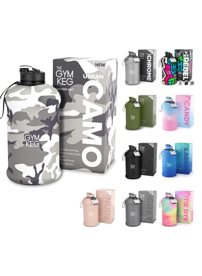 THE GYM KEG زجاجة مياه رياضية رسمية بسعة 2 لتر، معزولة 2.2 لتر، مقبض حمل، تمارين اللياقة البدنية، زجاجة مياه كبيرة بسعة 2 لتر، صديقة للبيئة، خالية من مادة BPA، بلاستيك سميك 40 درجة، مموهة حضرية  - Image 2