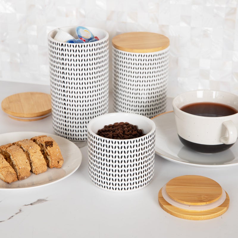 Mind Reader 3-Piece Canister Set, Sugar Container, Coffee Storage, Lids, Kitchen, Ceramic, 4"L x 4"W x 7"H, Black and White - Image 2