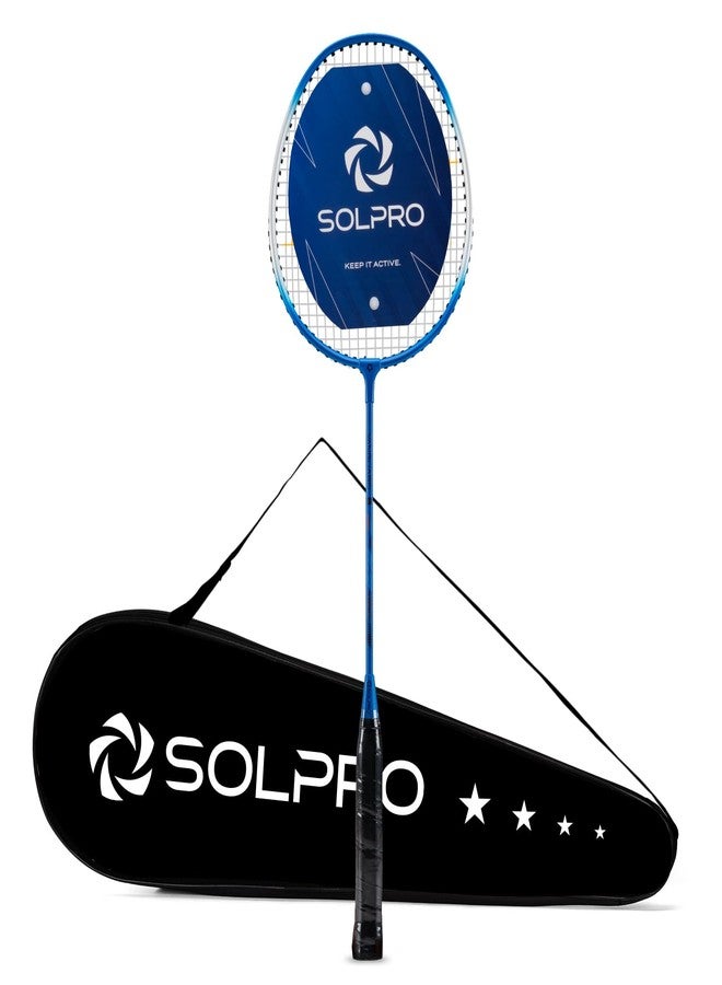 SOLPRO مضرب تنس الريشة SOLPRO Vanguard 8 المصنوع من الألومنيوم للمبتدئين والمتوسطين، مضرب تنس الريشة للكبار والصغار مع حقيبة تغطية كاملة، مضرب خفيف الوزن بإطار متين للتدريب والمباريات (أزرق/أبيض) - Image 1