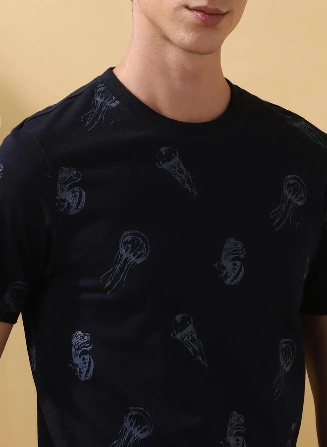 Dennis Lingo Men's Navy 100% Cotton Printed Regular Fit T-Shirt