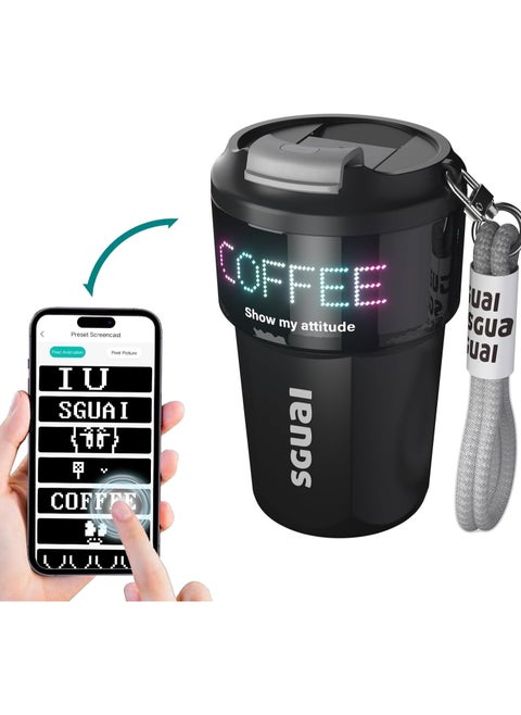 SGUAI Unique Smart Water Bottle Smart Coffee Cup with LED Temperature Pixel Display by APP Control Smart Insulated Novelty Mug Water Flask for Unique Presents 12oz Black