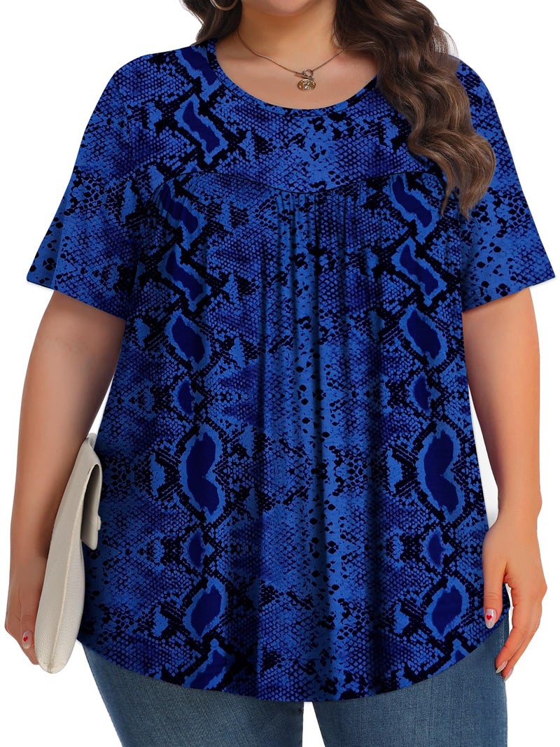 Tencede Womens Plus Size Tops Tunic Short Sleeve Crew Neck Shirts Casual Soft Blouse Dark Blue Snake Skin 3X - Image 3