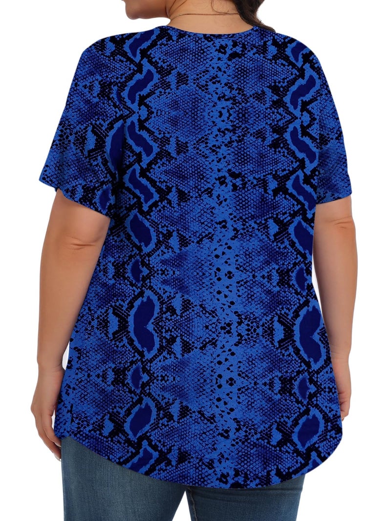 Tencede Womens Plus Size Tops Tunic Short Sleeve Crew Neck Shirts Casual Soft Blouse Dark Blue Snake Skin 3X - Image 4