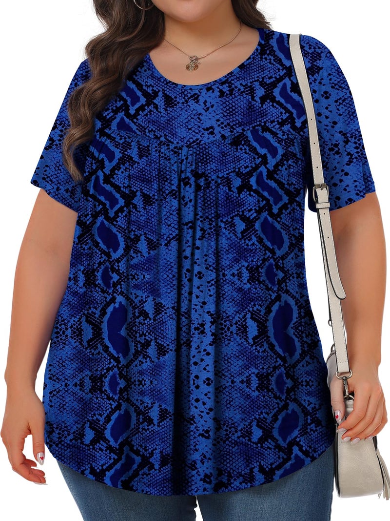 Tencede Womens Plus Size Tops Tunic Short Sleeve Crew Neck Shirts Casual Soft Blouse Dark Blue Snake Skin 3X - Image 2