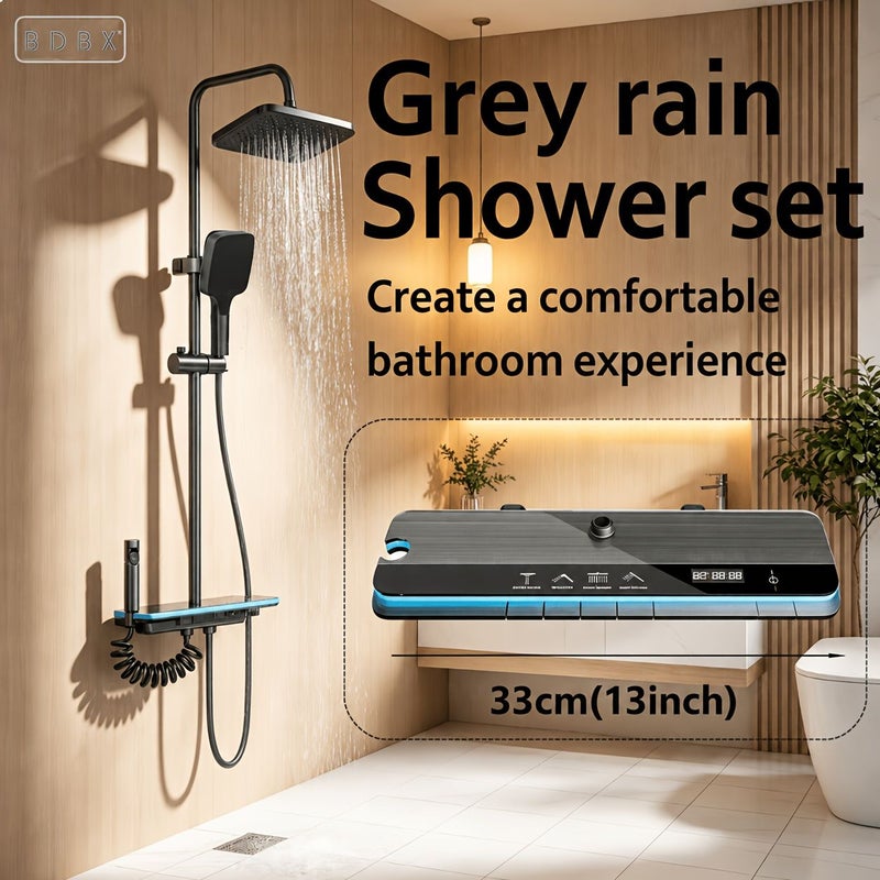 13 Inch Wide Panel Rain Shower Set 4 Function Wall Mounted Bathroom Shower System One Click Control Dense Spray Ambient Light Sleek Matte Grey Fixture Daily Home Use - Image 3