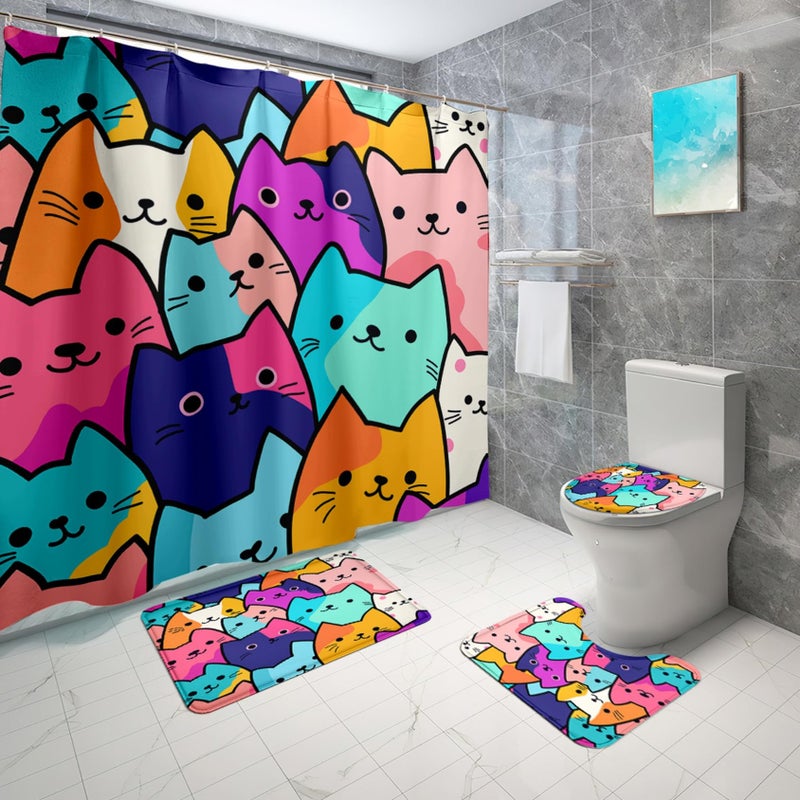 Jiospet 4PCS Cat Shower Curtain Set - Funny Cat Design, 70x70 Inch Bathroom Curtain Sets with Rugs Bath Mat,U Shape,Toilet Lid Cover Mat and 12 Hooks, Stylish Bath Decor - Image 1