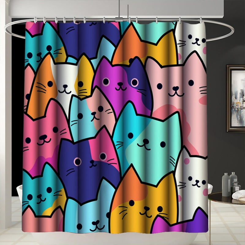 Jiospet 4PCS Cat Shower Curtain Set - Funny Cat Design, 70x70 Inch Bathroom Curtain Sets with Rugs Bath Mat,U Shape,Toilet Lid Cover Mat and 12 Hooks, Stylish Bath Decor - Image 2