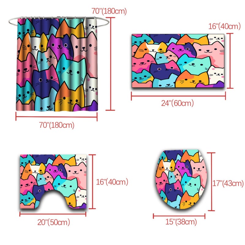 Jiospet 4PCS Cat Shower Curtain Set - Funny Cat Design, 70x70 Inch Bathroom Curtain Sets with Rugs Bath Mat,U Shape,Toilet Lid Cover Mat and 12 Hooks, Stylish Bath Decor - Image 4