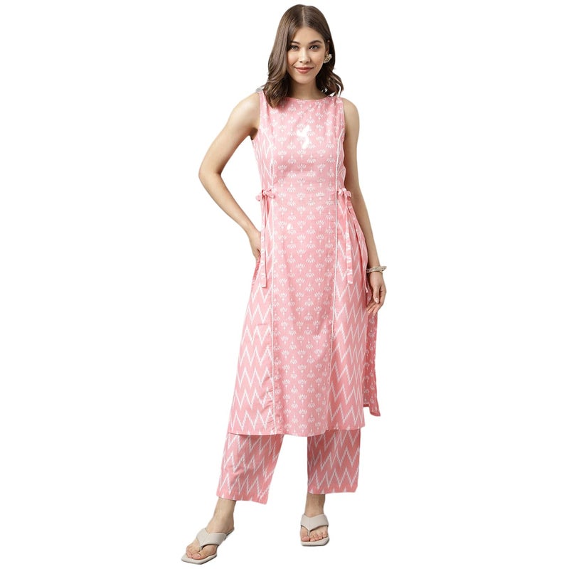FIORRA Women's Baby Pink Cotton A-Line Kurta with Pant - Image 1
