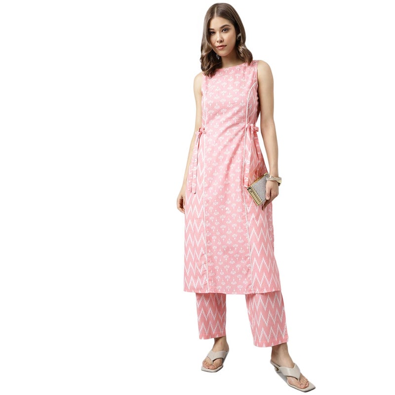 FIORRA Women's Baby Pink Cotton A-Line Kurta with Pant - Image 5