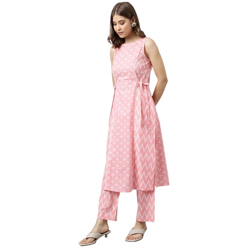FIORRA Women's Baby Pink Cotton A-Line Kurta with Pant - Image 3