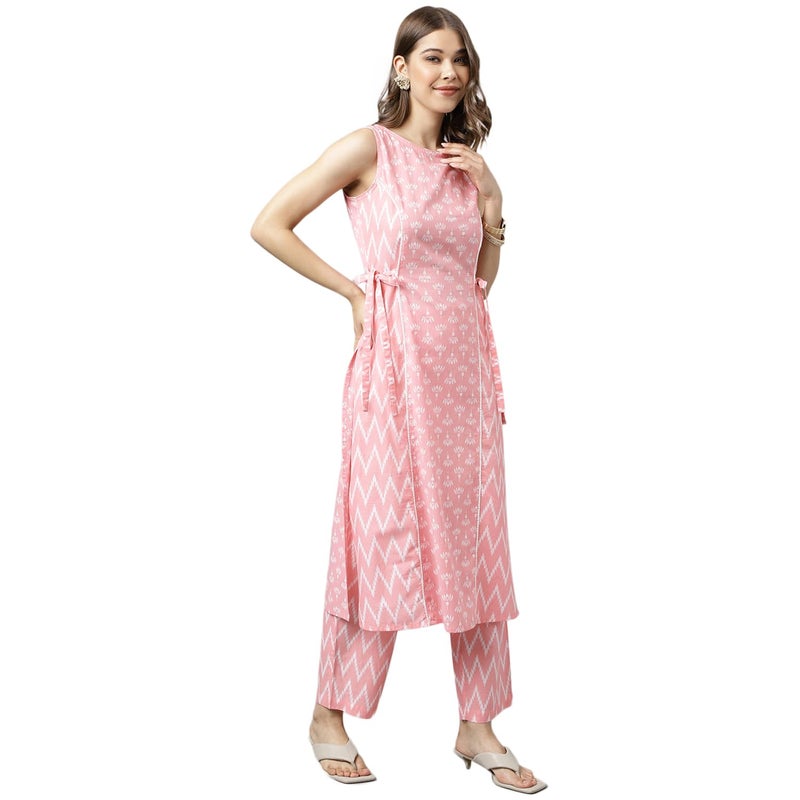 FIORRA Women's Baby Pink Cotton A-Line Kurta with Pant - Image 4