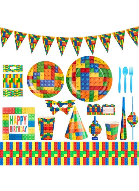 Building Blocks Theme Party Supplies for Kids,Building Blocks Party Props Favor Table Decorations, Banner Paper Plates Napkins Cups Tablecloth Tableware Sports Set for 10 Guests,Party Decorations