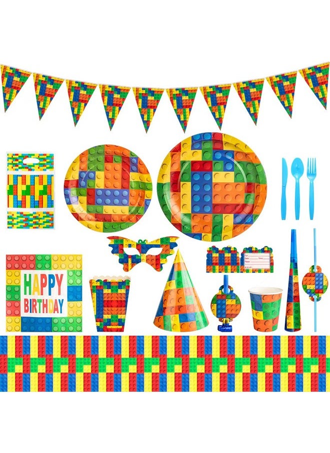 Zeemey - Building Blocks Theme Party Supplies for Kids,Building Blocks Party Props Favor Table Decorations, Banner Paper Plates Napkins Cups Tablecloth Tableware Sports Set for 10 Guests,Party Decorations - Image 1
