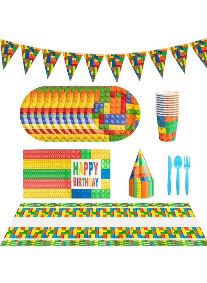 Zeemey - Building Blocks Theme Party Supplies for Kids,Building Blocks Party Props Favor Table Decorations, Banner Paper Plates Napkins Cups Tablecloth Tableware Sports Set for 10 Guests,Party Decorations - Image 1