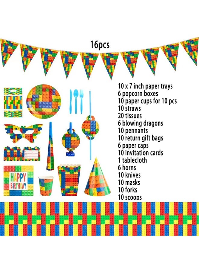 Zeemey - Building Blocks Theme Party Supplies for Kids,Building Blocks Party Props Favor Table Decorations, Banner Paper Plates Napkins Cups Tablecloth Tableware Sports Set for 10 Guests,Party Decorations - Image 1