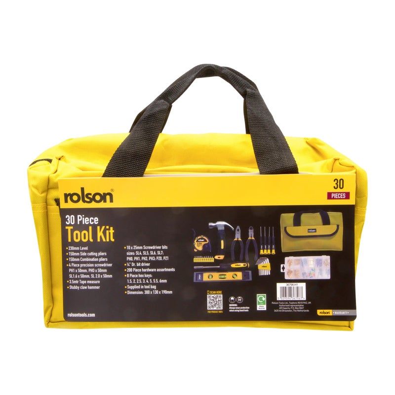 Rolson 36796 30pc Home Tool Kit - Complete DIY Tool Set with Pliers, Hammer, Screwdrivers, Tape Measure, Hex Keys & Tool Bag - Image 1