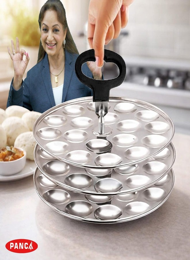 PANCA Stainless Steel Mini Idli Maker Stand Set of 3 Plates | 54 Idli Cavities Steamer Cooker | Small Idli Plates for Cooker, Dhokla, Idiyappam | Polished Idli Stand with Rod & Handle | South Indian - Image 2