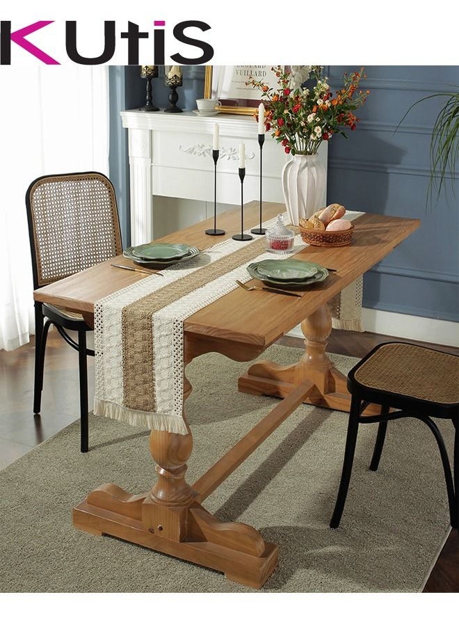 Kutis - Cotton Linen Table Runner Splicing Weave Tassel 180 x 30cm - Image 1
