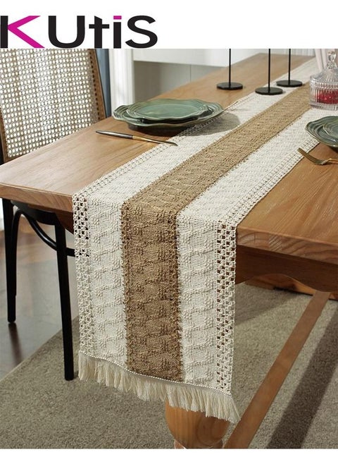 Cotton Linen Table Runner Splicing Weave Tassel 180 x 30cm