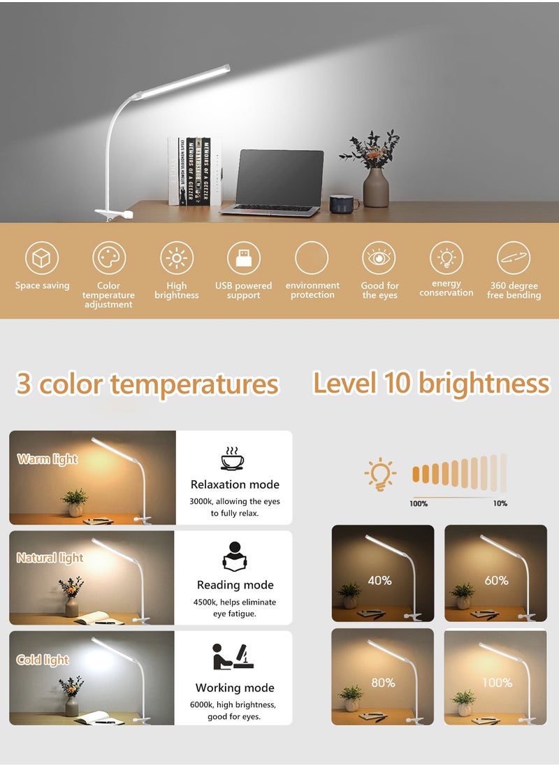 LOOPITYS - LED Desk lamp with Clamp  EyeCaring Clip on Lights for Home Office  3 Modes 10 Brightness  Long Flexible Gooseneck  Metal  Swing Arm Architect Task Table Lamps -- White small size - Image 1
