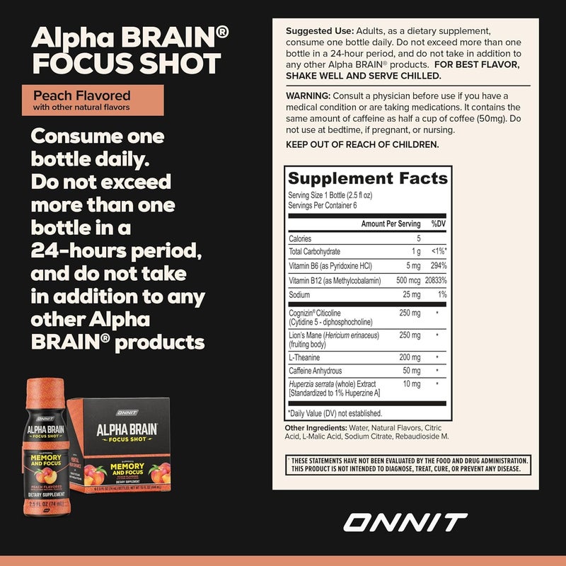 Onnit مشروب أونيت ألفا برين فوكوس بنكهة الخوخ مكمل غذائي نوتروبيك يدعم الطاقة والتركيز والمزاج 25 أونصة سائلة 6 عبوات - Image 3