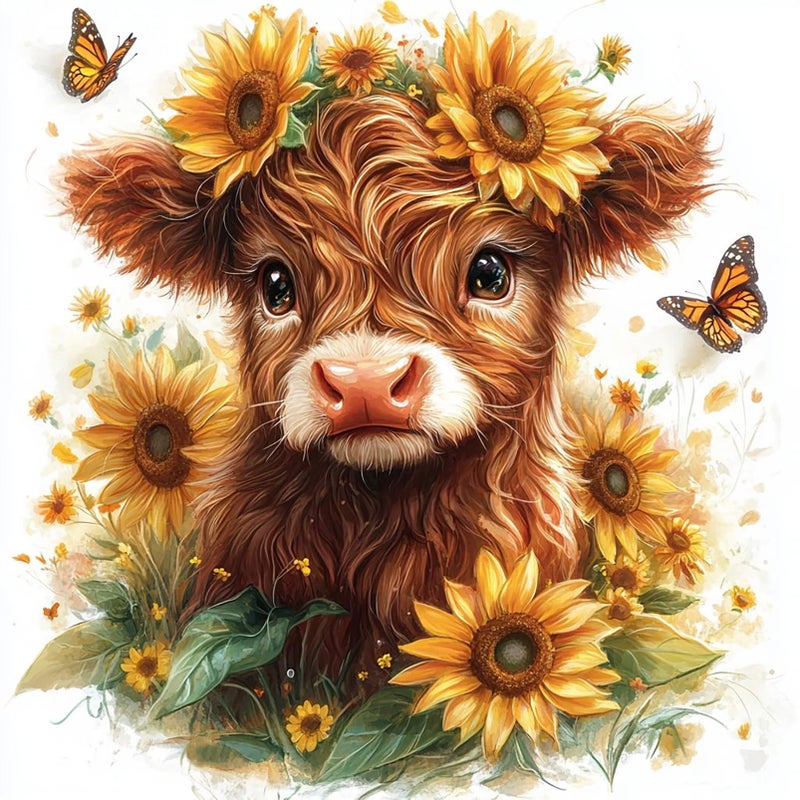 KINPLUB Highland Cow Sunflower Diamond Painting Kits for Adults Beginners, Cow Flowers Diamond Art Kits for Adults, DIY Full Drill Round Gem Art Dots for Home Wall Decor 12x12 Inch - Image 1