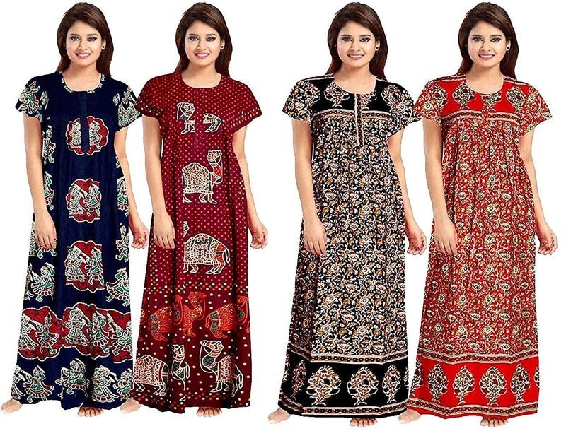 KBNBJ Women’s Cotton Printed Maxi Nighty (Pack of 4) – Ankle-Length Night Dress Gown, Soft & Comfortable Sleepwear, Free Size Multicolour - Image 1