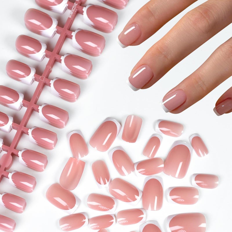 IKISKT 120Pcs 5 Pack Pink Acrylic Fake Nails Press on Full Cover IKISKT Classic French Color Short False Nail Art Kits Sets Great Christmas Gift for Women Kids Children Young Girls - Image 1