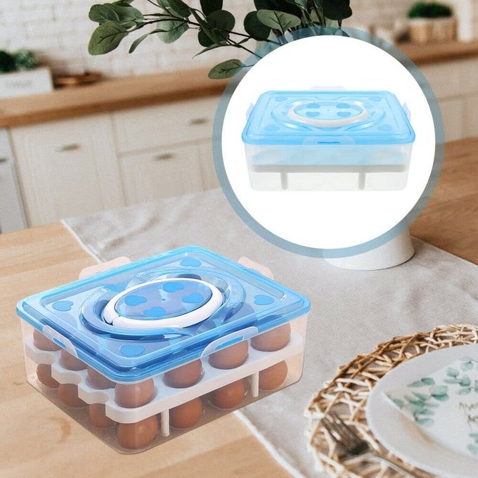 EGG HOLDER DOUBLE LAYER EGG TRAY 32 GRID EGG STORAGE BOX HOLDER EGGS STORAGE BOX WITH LID HANDLE KITCHEN ORGANIZER FOR REFRIGERATOR PRACTICAL DECORATION