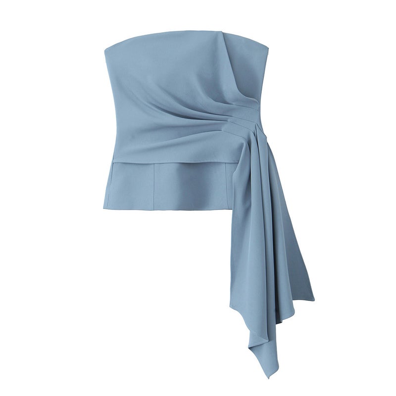 European and American Clothing Pleated Corset Top + High Waist Flared Pants Blue top