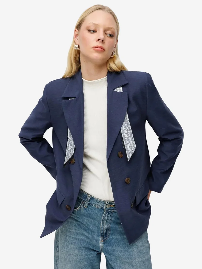 Mixray Navy Blue MIXRAY Linen Blazer Jacket with Scarf Detail for Women | Best Price UAE