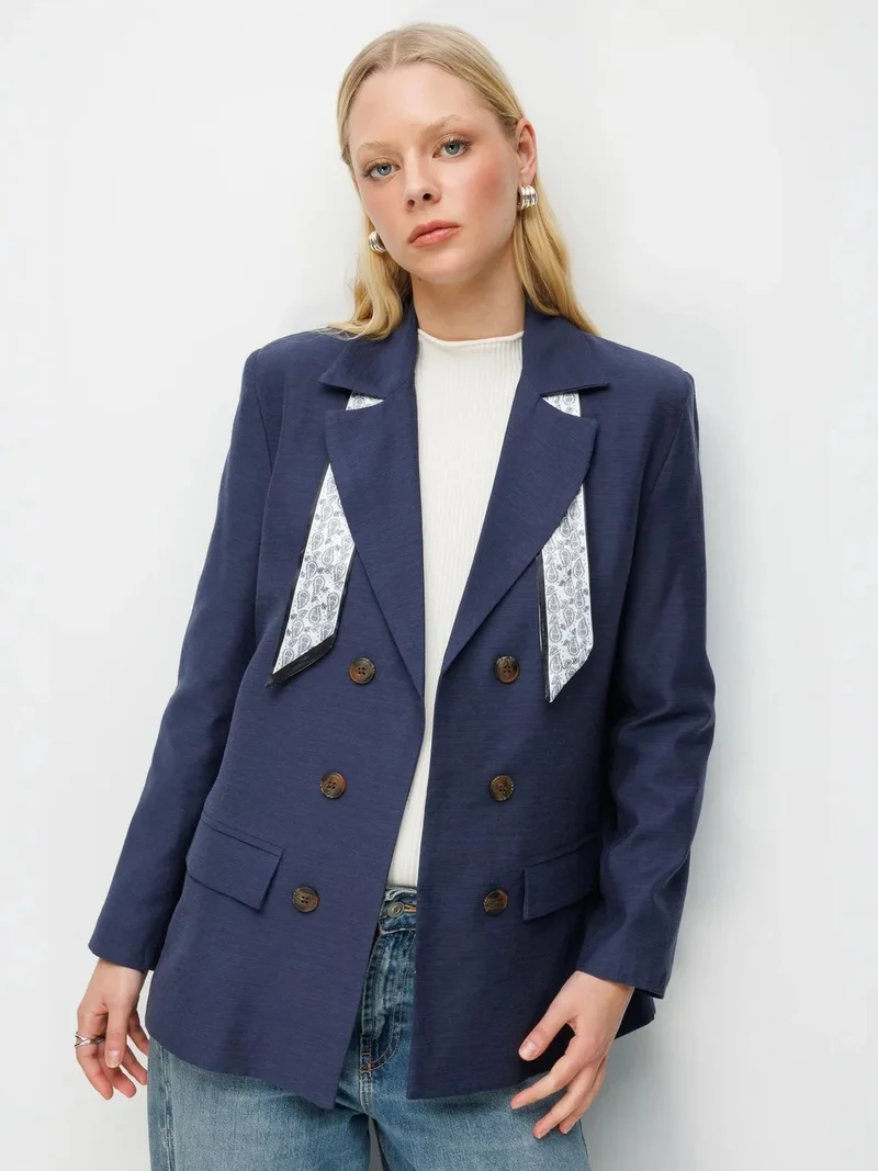 Mixray Navy Blue MIXRAY Linen Blazer Jacket with Scarf Detail for Women | Best Price UAE