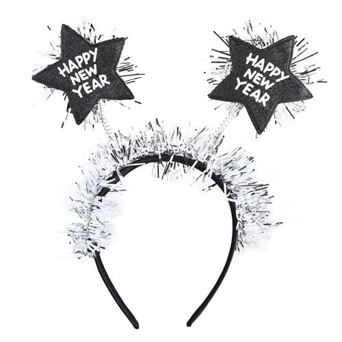 Needzo Happy New Year Headband with Star Boppers and Silver Tone Tinsel, 10 Inch(Black and Silver Stars) - Image 1
