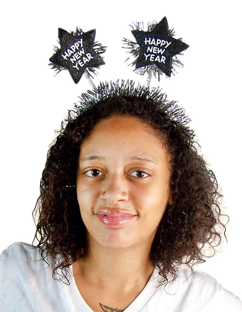 Needzo Happy New Year Headband with Star Boppers and Silver Tone Tinsel, 10 Inch(Black and Silver Stars) - Image 2