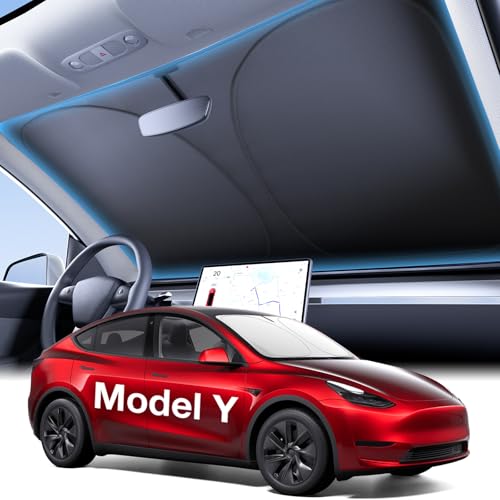 Wigoo 2025 Tesla New Model Y Accessories Windshield Sunshade [OEM Design, 100% Sun Blockage] Foldable Heat Insulation Sunshade with Storage Bag, for Model Y 2016~2026 (Juniper), Silver Coating - Image 1