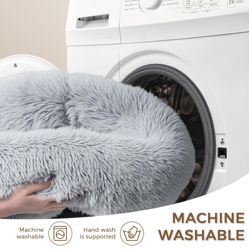 SunStyle Home Calming Dog Bed & Cat Bed for Indoor Cats, Medium Size Washable Anti-Slip Anti-Anxiety Donut Dog Beds for Small Dogs & Cats, Fluffy Plush Cozy Round Dog Bed(20 Inch, Light Grey) - Image 5