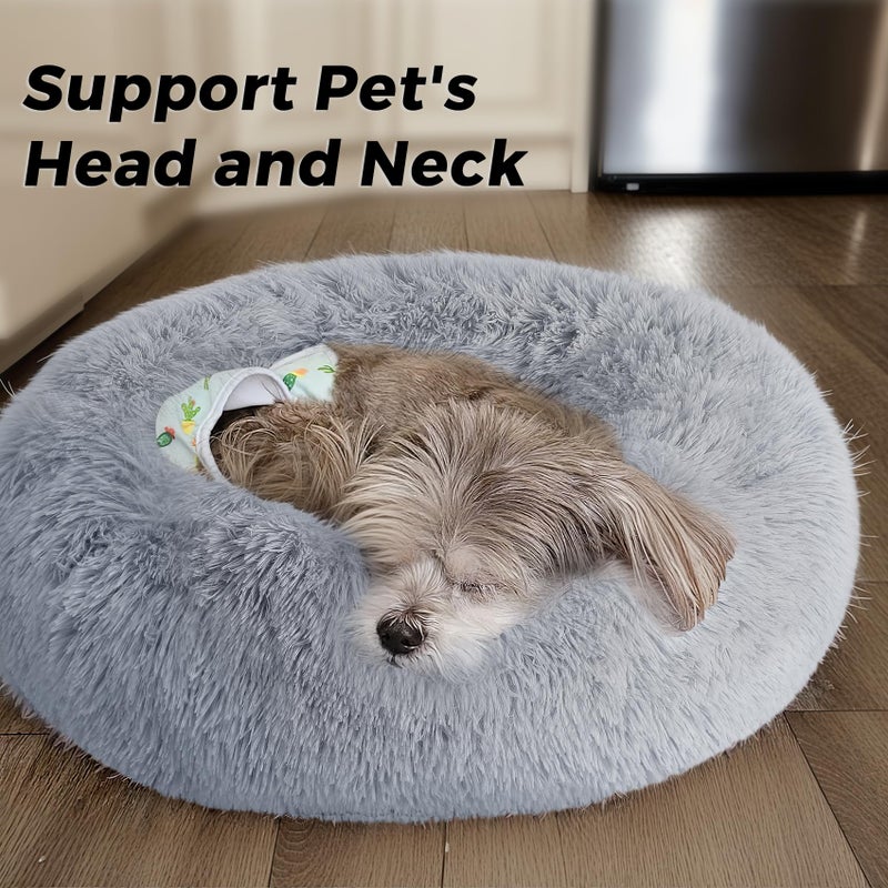 SunStyle Home Calming Dog Bed & Cat Bed for Indoor Cats, Medium Size Washable Anti-Slip Anti-Anxiety Donut Dog Beds for Small Dogs & Cats, Fluffy Plush Cozy Round Dog Bed(20 Inch, Light Grey) - Image 2