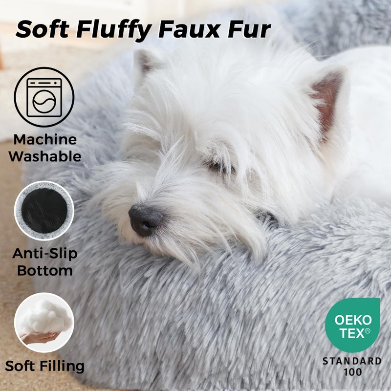 SunStyle Home Calming Dog Bed & Cat Bed for Indoor Cats, Medium Size Washable Anti-Slip Anti-Anxiety Donut Dog Beds for Small Dogs & Cats, Fluffy Plush Cozy Round Dog Bed(20 Inch, Light Grey) - Image 3