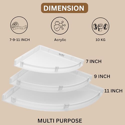 GLOXY Premium Bathroom Corner Shelves Combo Pack of 3 - Unbreakable White ABS Bathroom Accessories Set of Corner Rack - Washroom Shelf Organizer for Home & Office - 7", 9", 11" - Image 2