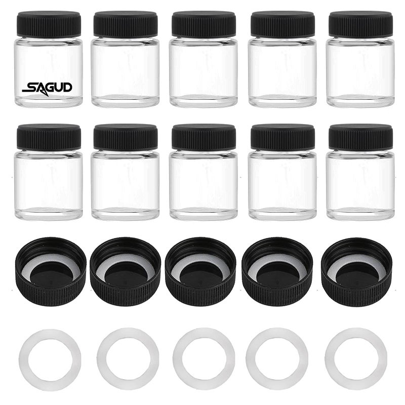 SAGUD 10pcs Airbrush Bottles 34oz 22cc with Plastic Lids Kit and Extra 5pcs Lids 5pcs ORing Air brush Paint Storage Jars Store Pigments Color Inks